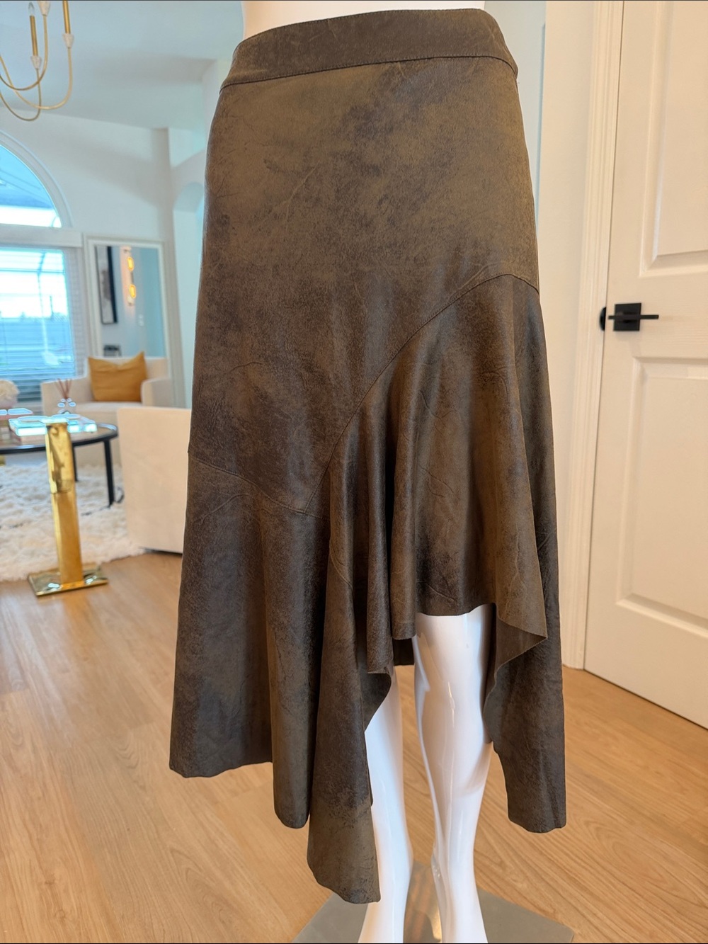 Asymmetric Faux-Leather Brown Midi Skirt